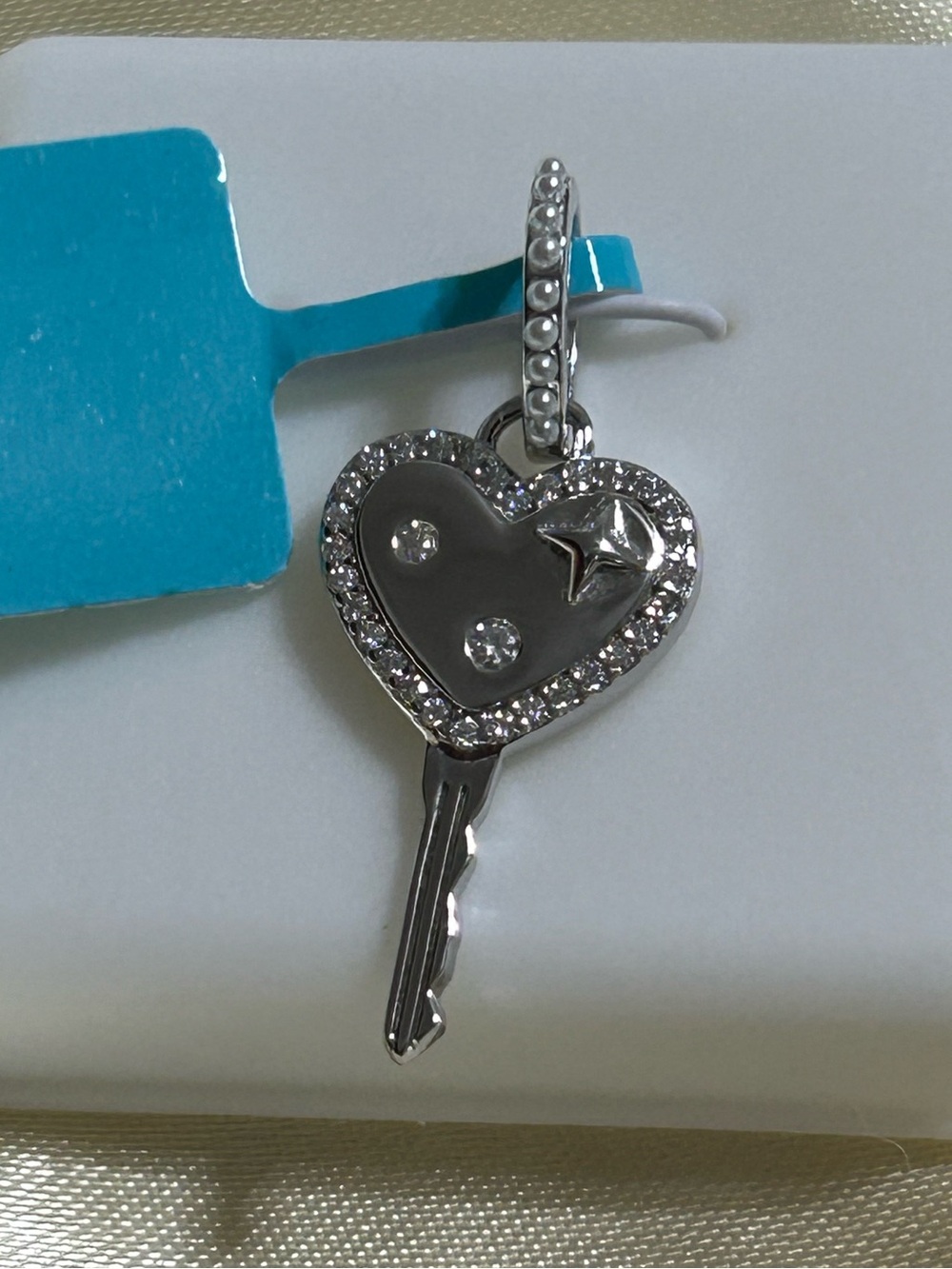 Sterling Silver Moissanite and Pearl Heart Key Charm Pendant - NWT
